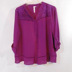 NY Collection Petite L/S Button Sleeve Split Neck Top, Purple Size PL velvet acc
